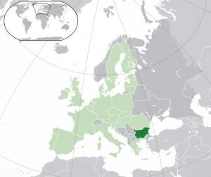 Bulgaria highlighted in dark green, within the European Union (light green).